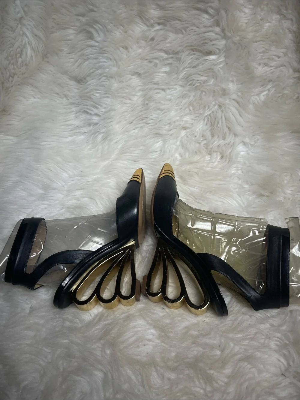 Nicholas Kirwood leather Black Ankle-Strap Heels Gold tSculpted Heel EU SZ 37.5